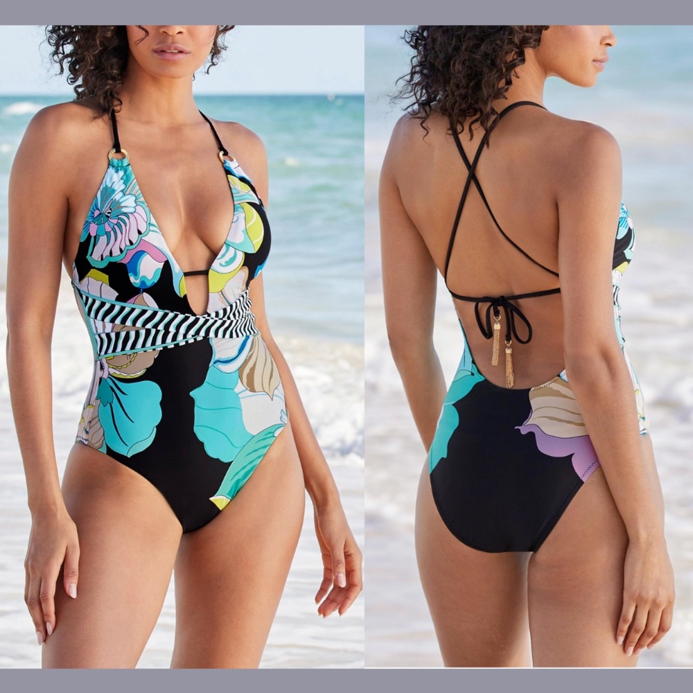 NWT Trina Turk [ 4‎ ] Sintra Floral V-Plunge One Piece Swimsuit Black